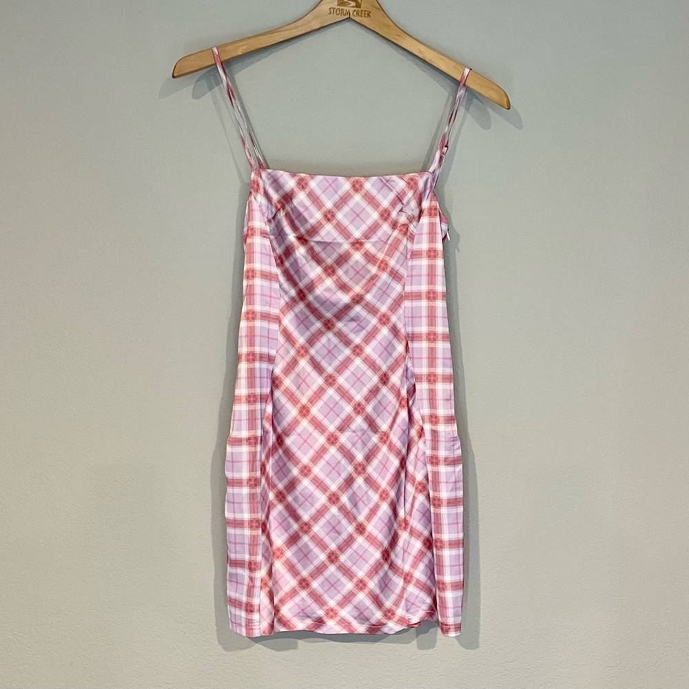 Princess Polly Mini Parka Dress pink purple plaid silky woman’s size XSmall